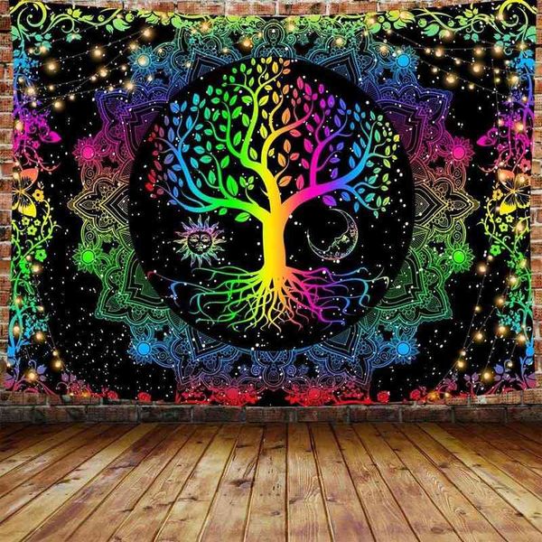 Albero Mandala Tappeto appeso a parete Hippie Fiore Foglie di vino Psichedelico Decorazione della parete Camera da letto Sfondo Muro Tappeto Trippy Tapiz J220804