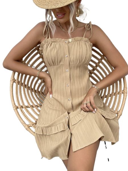 

tie shoulder frill trim cami dress r6z9#, Black;gray