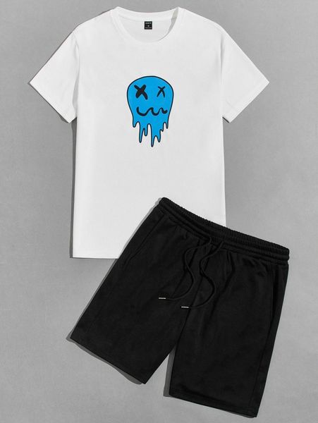 

men cartoon graphic tee & drawstring waist shorts i8k4#, Gray