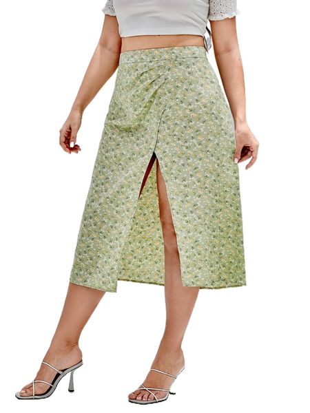 

plus ditsy floral plicated detail split thigh skirt u9pq#, Black