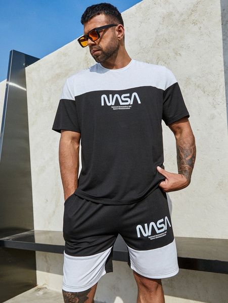 

extended sizes men letter & colorblock tee & shorts 33gg#, Gray