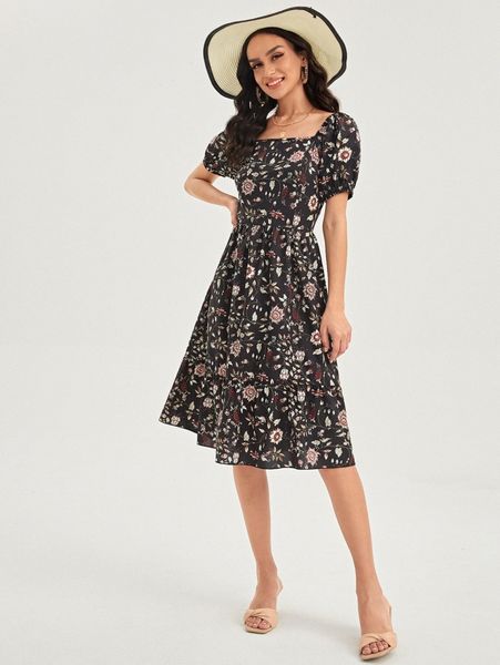 

floral print puff sleeve square neck ruffle hem dress k3dp#, Black;gray