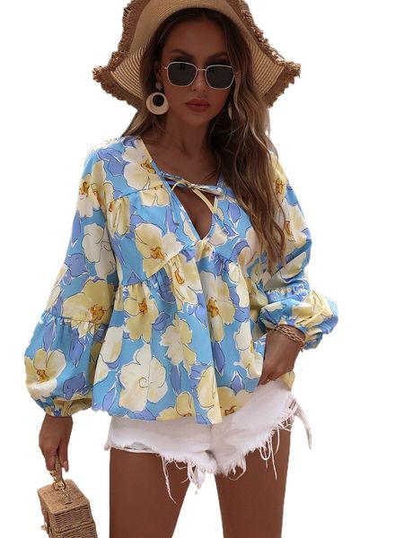 

floral print knot front lantern sleeve blouse n9bf#, White