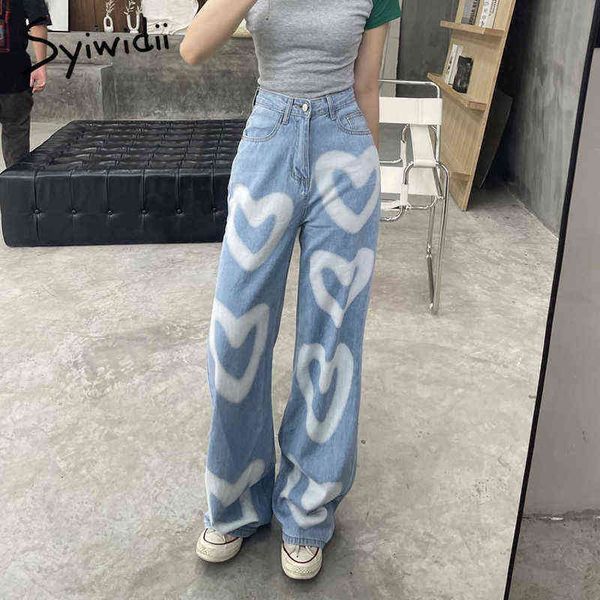 

syiwidii y2k oversize jeans with print heart streetwear high waisted baggy pants denim joggers vintage mom straight 2022 clothes 221225, Blue
