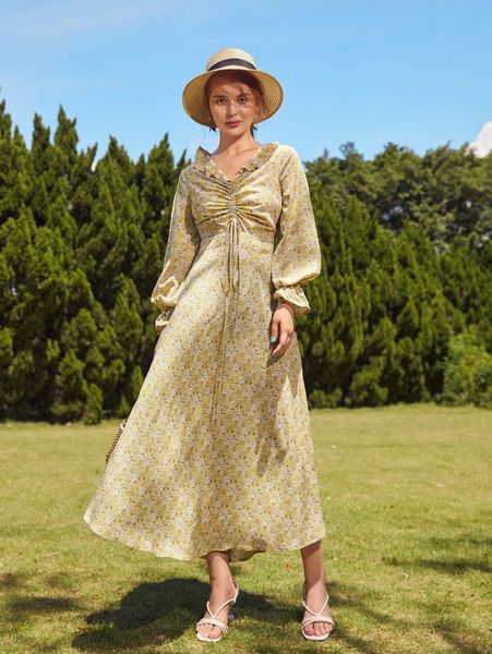 

flounce sleeve drawstring ruched ditsy floral dress j1ob#, Black;gray