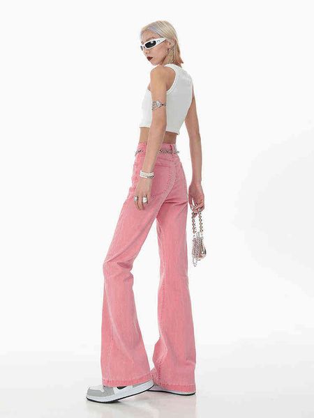 

vintage autumn women long jeans trousers pink high waist pockets loose female wide leg denim pants ladies floor-length pants t220801, Blue