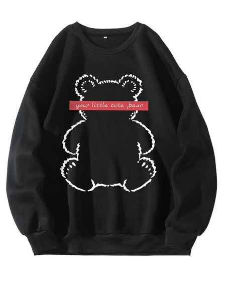 

bear & slogan graphic thermal lined sweatshirt g2to#, Black
