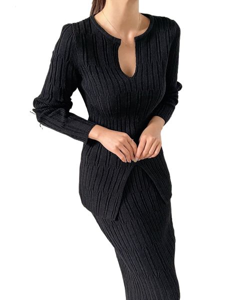 

dazy notched neck slit hem sweater & knit skirt t12c#, White;black