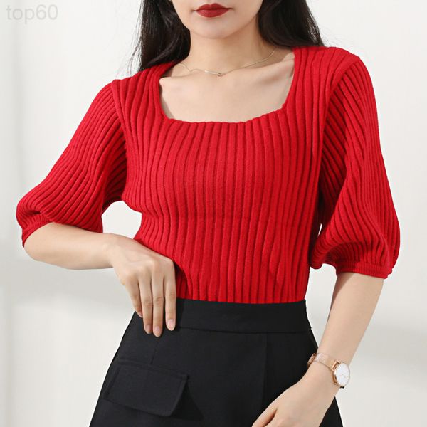 

women's sweaters designer []french bubble sleeve red sweater early autumn short square neck temperament pit pattern slim fit blouse wom, White;black