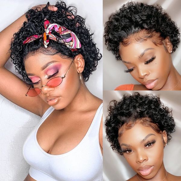 

malaysian pixie cut wig human hair short curly bob wigs13x1transparent lace front wig pre plucked for black women, Black;brown