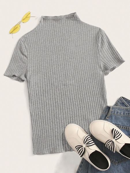 

mock neck lettuce trim rib-knit tee j42b#, White