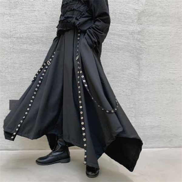

men ribbon dark black wide leg pants male women japan punk gothic harem trousers kimono skirt pants 201126
