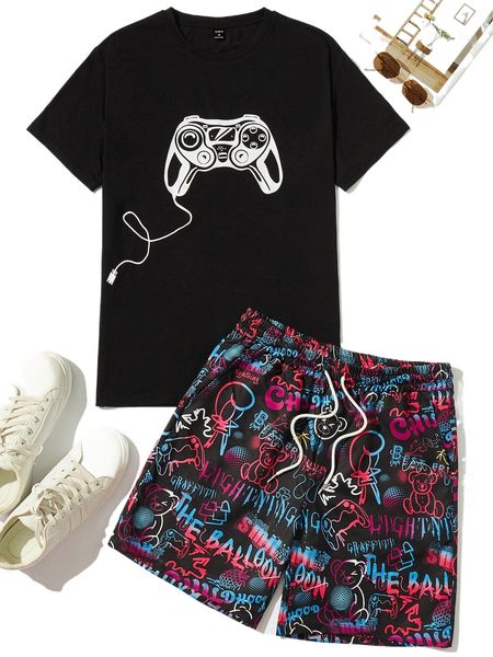 

men graphic print tee & cartoon and letter graphic shorts p6gg#, Gray
