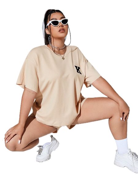 

plus letter pattern drop shoulder tee & drawstring waist shorts 8295#, Black