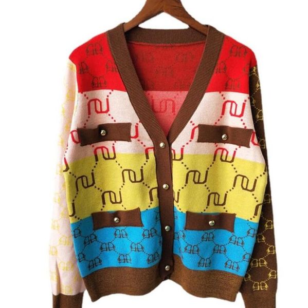 Maglione da donna in maglia con stampa a blocchi di colore a righe con scollo a V manica lunga stile casual maglioni pullover spessi