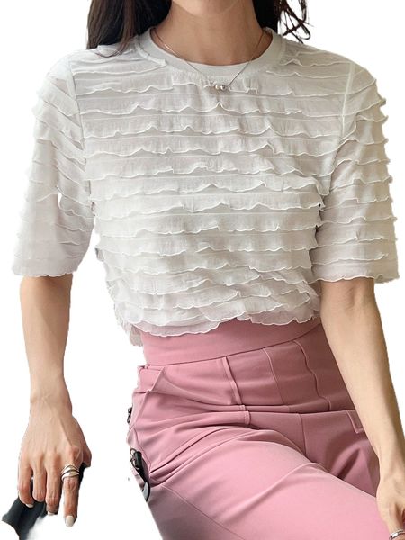 

dazy solid round neck textured tee z11n#, White