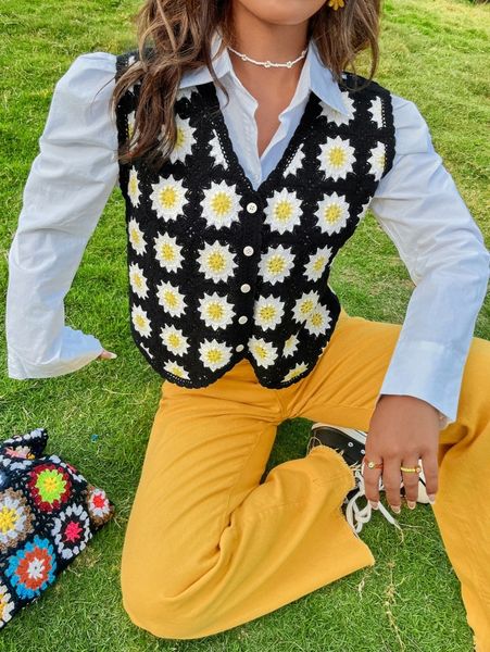 

floral pattern button front crochet cardigan v6si#, White;black