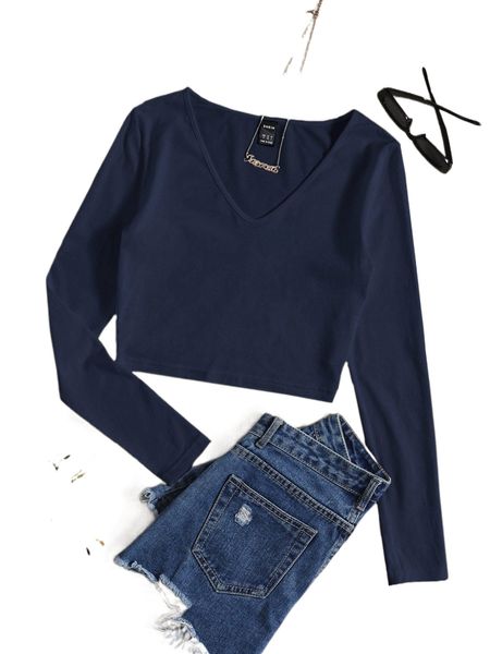 

solid v neck crop tee 62qu#, White