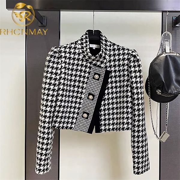 

luxury brand tweed thousand bird lattice coat ladies elegant fall winter fashion leisure short woolen jacket female 220725, Black;brown