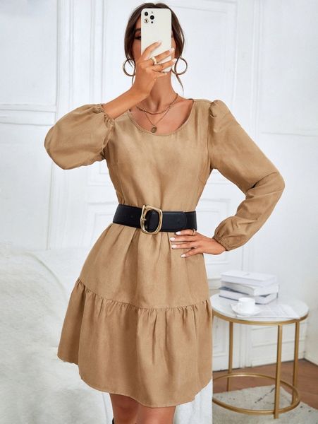 

bishop sleeve ruffle hem smock dress without belt o3o8#, Black;gray