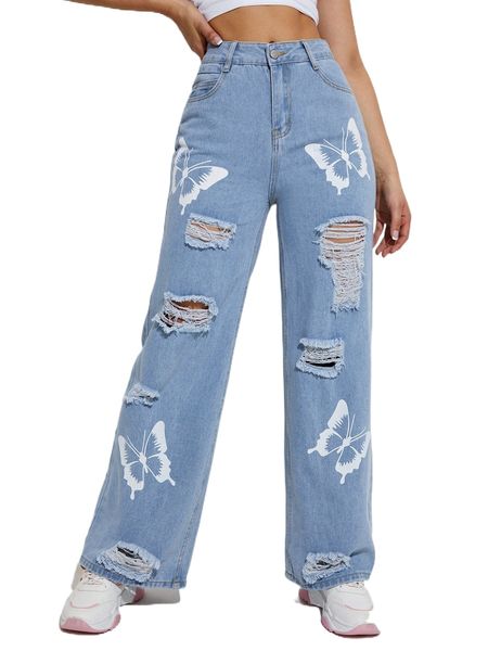 

butterfly print ripped jeans n9m9#, Blue
