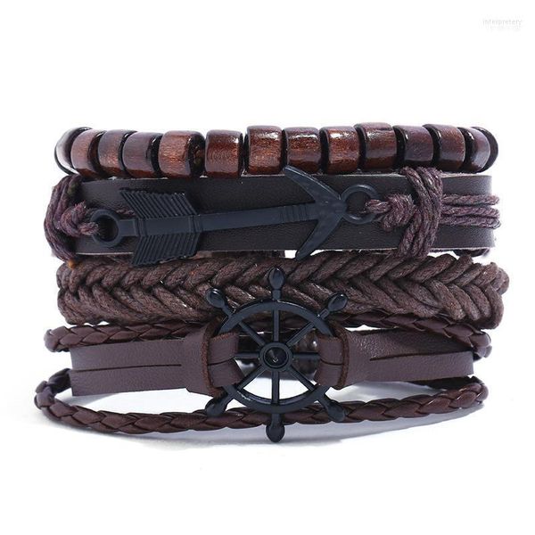 Jessingshow 4 Stück/Set handgefertigtes Boho-Zigeuner-/Hippie-Braun-Lederseil, Kordel, Pfeil, Ruder-Charm, mehrschichtig, für Männer und Frauen, Wickelarmbänder, Armreif, Inte2