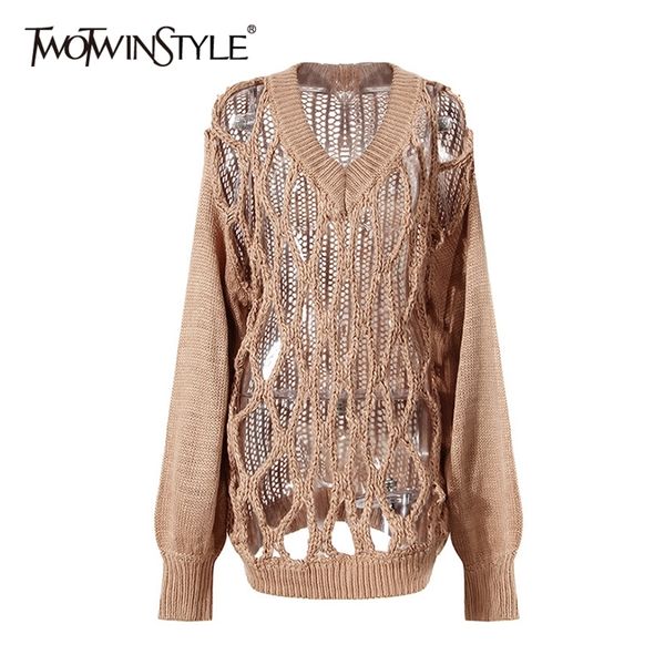 

twotwinstyle hollow out solid sweater for women v neck long sleeve black casual knitting pullovers female fall fashion new 210203, White;black