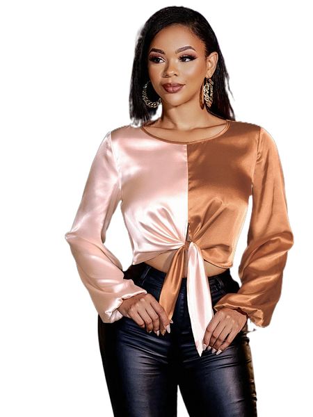 

two tone knot hem satin blouse 24oy#, White
