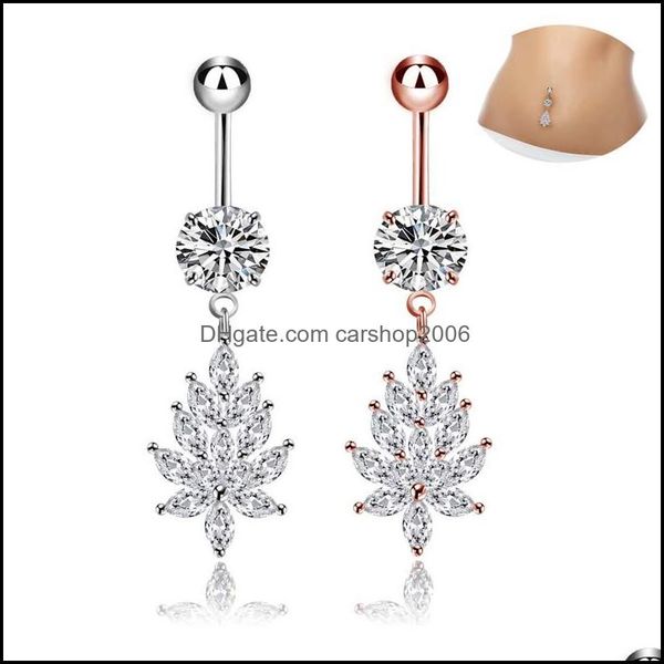 

navel bell button rings body jewelry stainless steel belly dangle ring leaf simple design rhinestone piercing fashion wholesale 0870wh dro, Silver