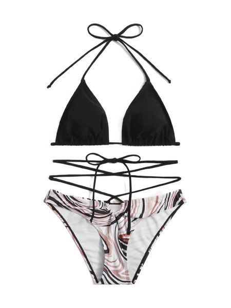 

fluid pattern halter triangle bikini swimsuit w3ds#, White;black