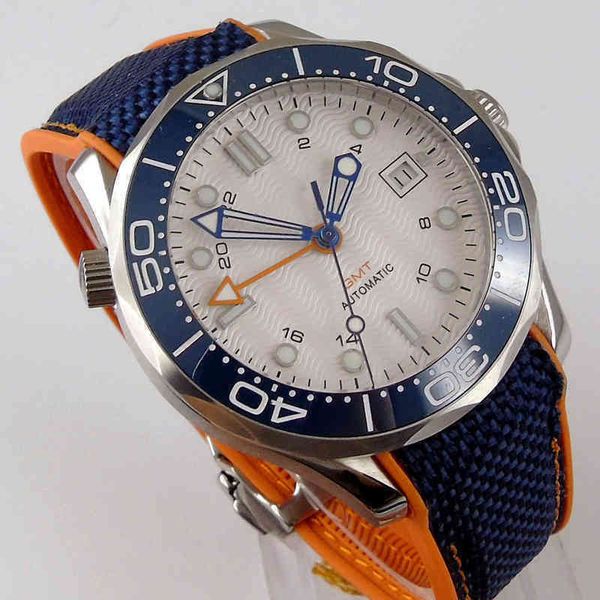 

41mm self winding men watch automatic gmt movement sapphire glass rubber strap date window, Slivery;brown