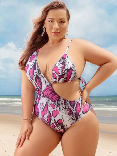 

plus snakeskin print asymmetrical neck cut out one piece swimsuit 00qu#, White;black