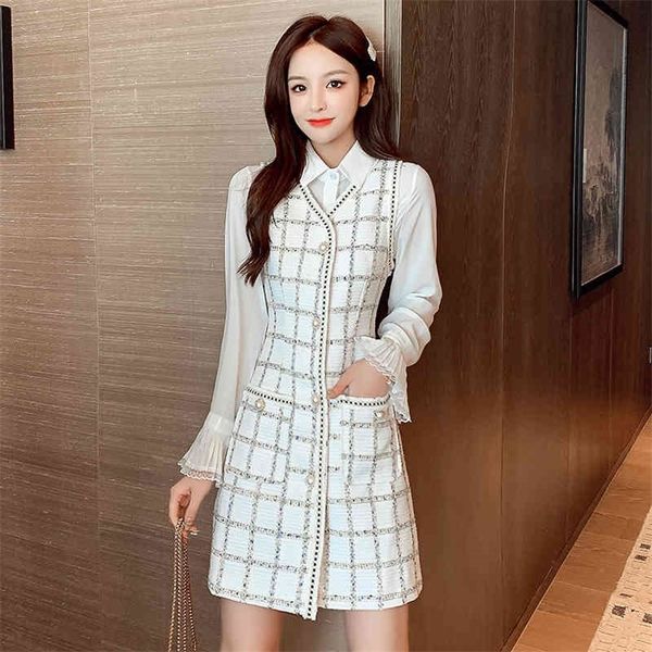 

jxmyy autumn and winter products fashion temperament ladies woolen plaid vest lace shirt two-piece suit women 210412, Black;gray