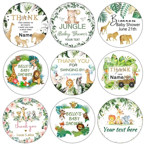 Adesivi personalizzati per baby shower da 4,5 cm Animali della giungla Personalizzati Personalizza Nome Data Testo Zoo Etichette per bomboniere per feste di compleanno 220613