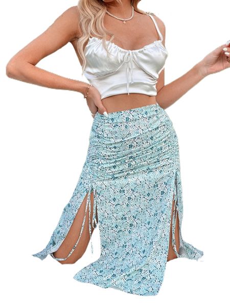 

ditsy floral print drawstring slit skirt s9wr#, Black