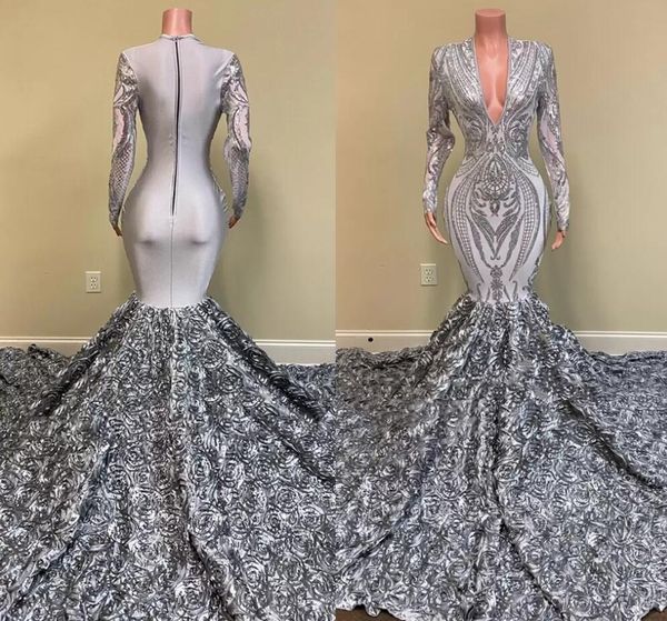 Gümüş Afrika Kızlar Uzun Gelinlik Modelleri 2022 Mermaid V Boyun Tam Kollu 3D Çiçekler Tren Kadınlar Örgün Parti Akşam elbise Pro232