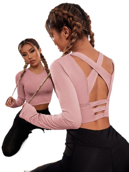 

criss cross back sports crop tee 32ro#, Gray