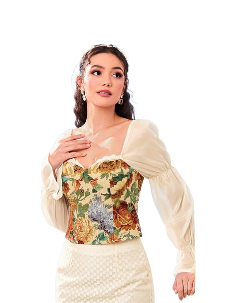 

floral print gathered sleeve lace detail sweetheart neck blouse 15hi#, White