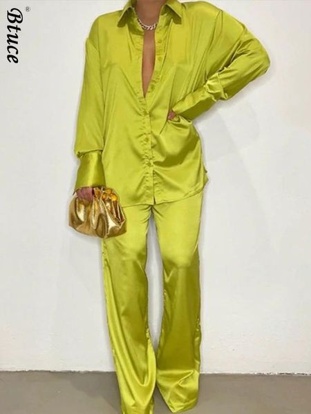 

women's elegant satin trousers set female long sleeve shirt and wide leg straight pants sleepwear 2piece set summer outfits 220809, White