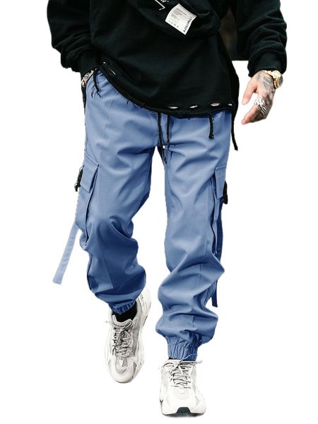 

men flap pocket drawstring cargo pants d43z#, Black