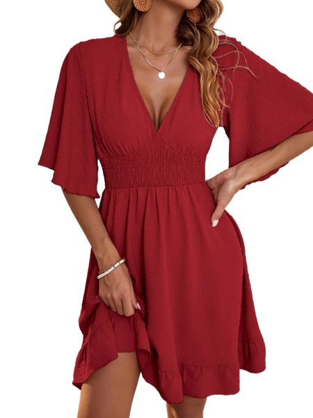 

swiss dot butterfly sleeve ruffle hem dress d2sd#, Black;gray