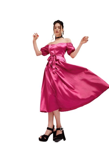 

off shoulder belted satin dress g4in#, Black;gray