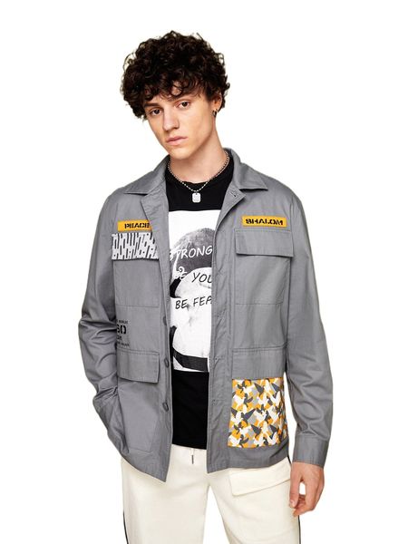 

x shalom men bird & slogan graphic flap pocket jacket p5t4#, Black;brown