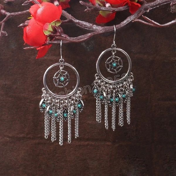 

bohemian dangle earrings for women temperament geometric circle dream catcher handmade rice bead tassel earrings silver color earrings