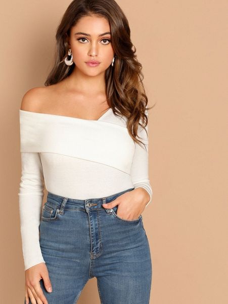 

foldover asymmetrical neck solid tee n14b#, White