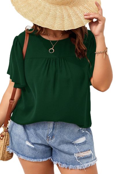 

plus solid keyhole back ruched butterfly sleeve blouse h9de#, Black