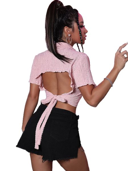 

cut out tie back crop shirt 58vb#, White