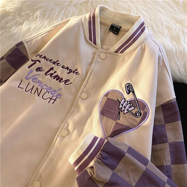 

embroidered bomber jacket women baseball uniform high street style autumn and winter checkerboard stitching longsleeved jacket 220817, Black;brown