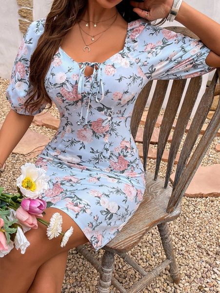 

floral print knot front puff sleeve dress b5oh#, Black;gray