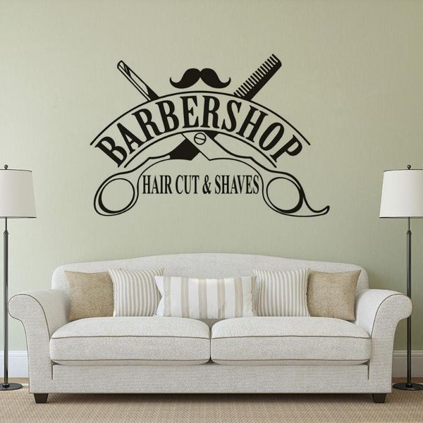 Adesivos de parede cortados de cabelo e barbeados decalques de logotipo barbeiro adesivo de loja de salão decoração de tesouras design starterswall interior starterswall